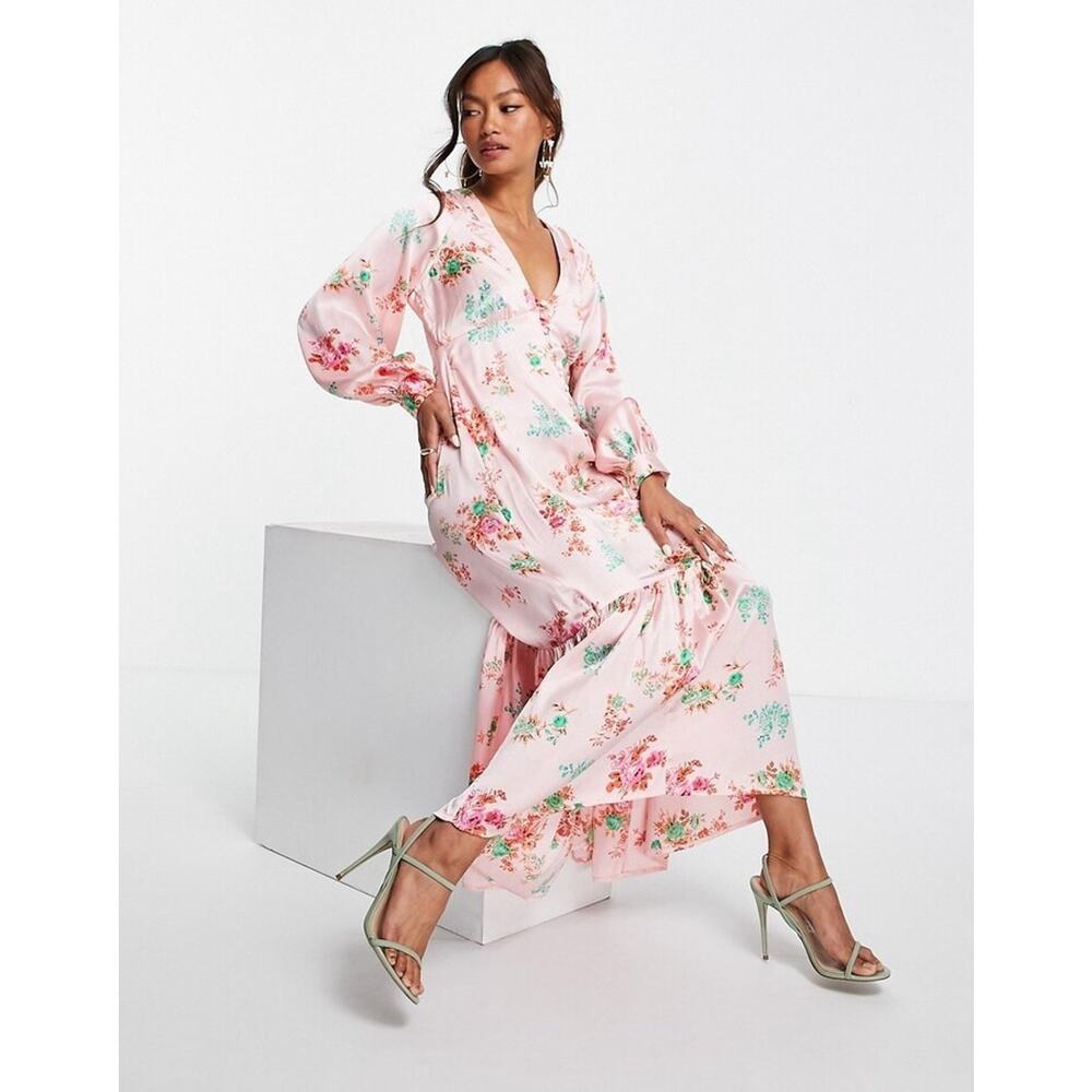 asos Design Pink Tea Dress Floral Babydoll Bust Button Sz 0 Y2K Prairie Festival